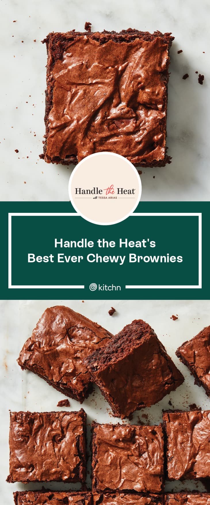 A graphic featuring overhead photos of a brownies made with Handle the Heat's recipe.