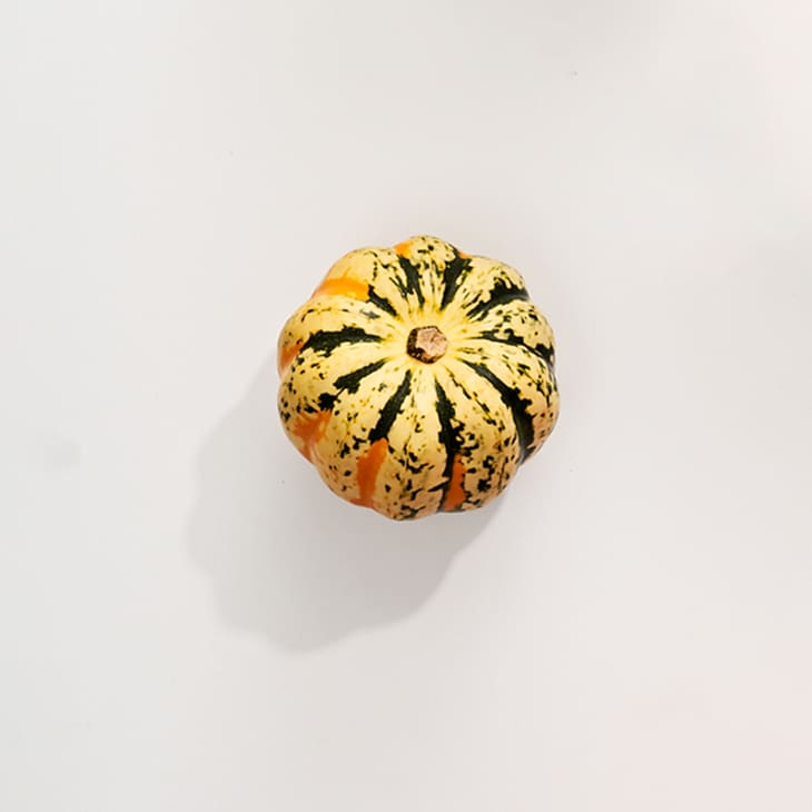Carnival squash on a white surface.