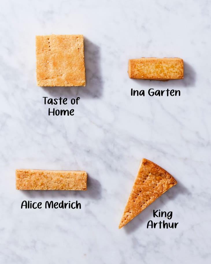 Four different shortbread recipes on a surface