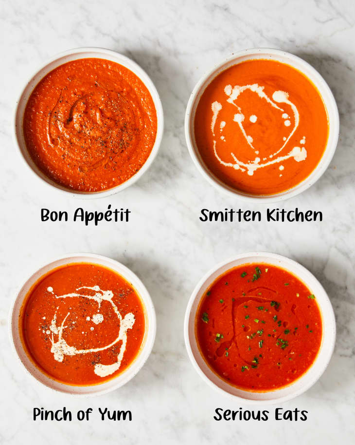 Four different tomato soup recipes in a grid in bowls on a surface