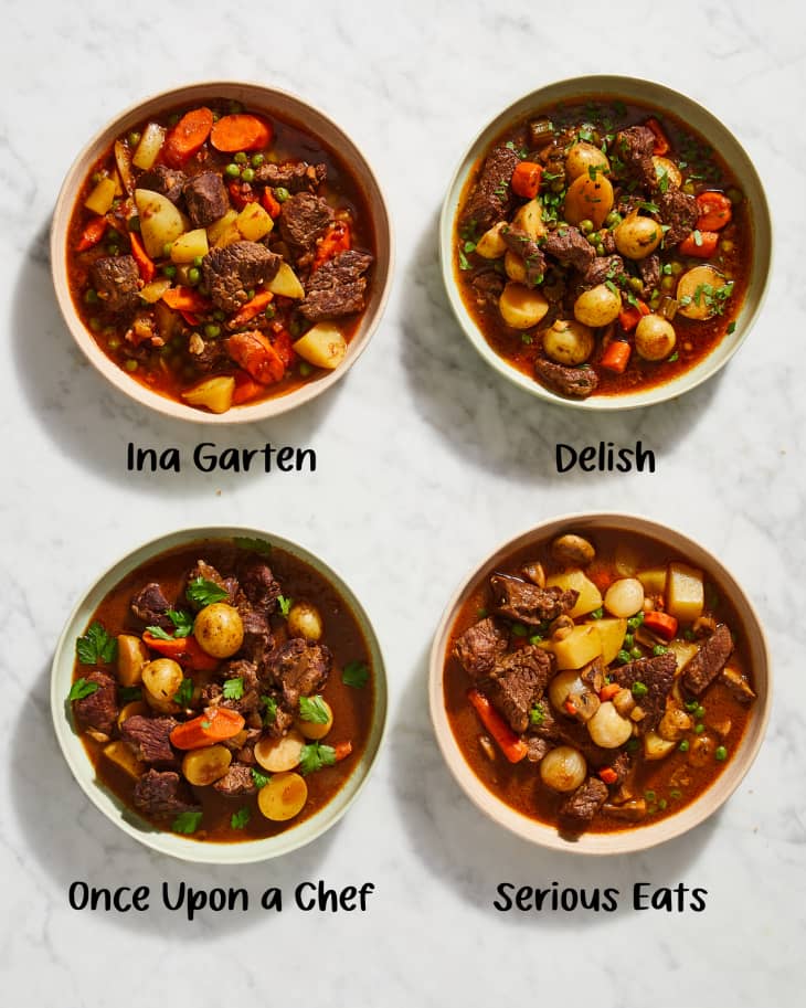 four beef stew recipes in a grid on marble