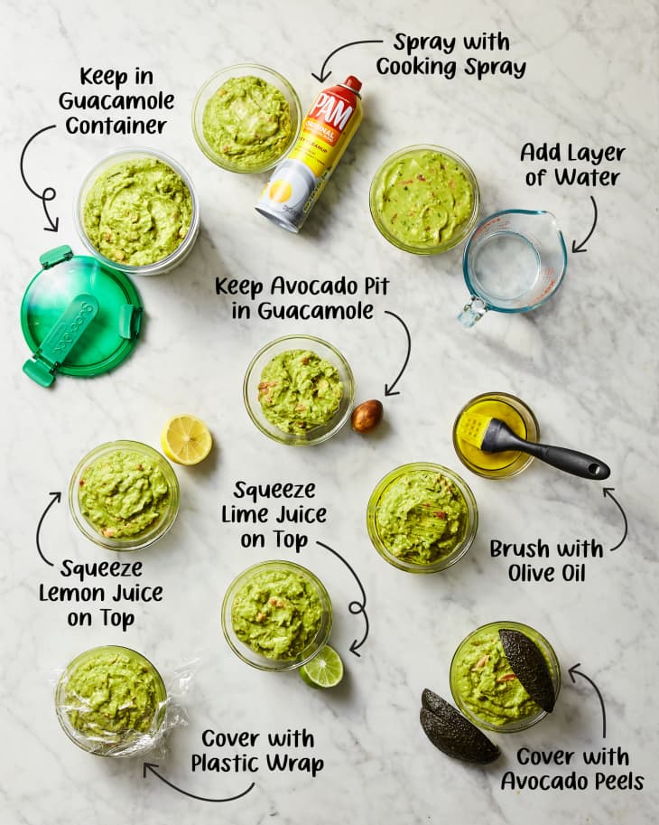 different methods for keeping guacamole from turning brown in bowls on a marble surface