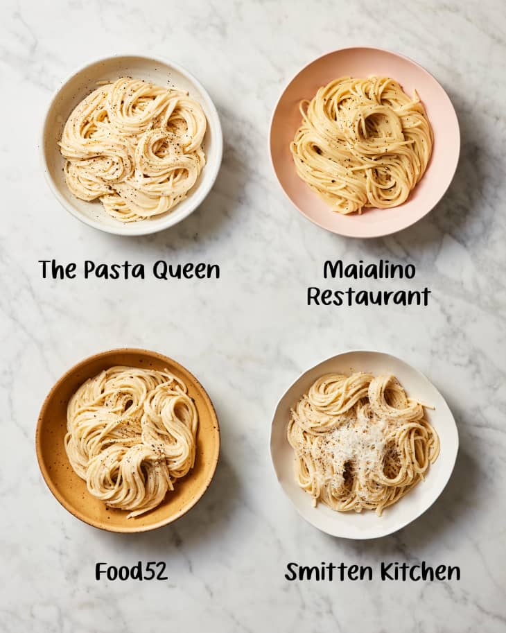 Grid of four different cacio e pepe recipes in bowls on a marble surface