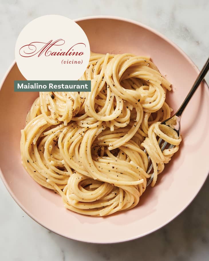 Cacio e pepe recipe by Maialino restaurant in a bowl on a marble surface