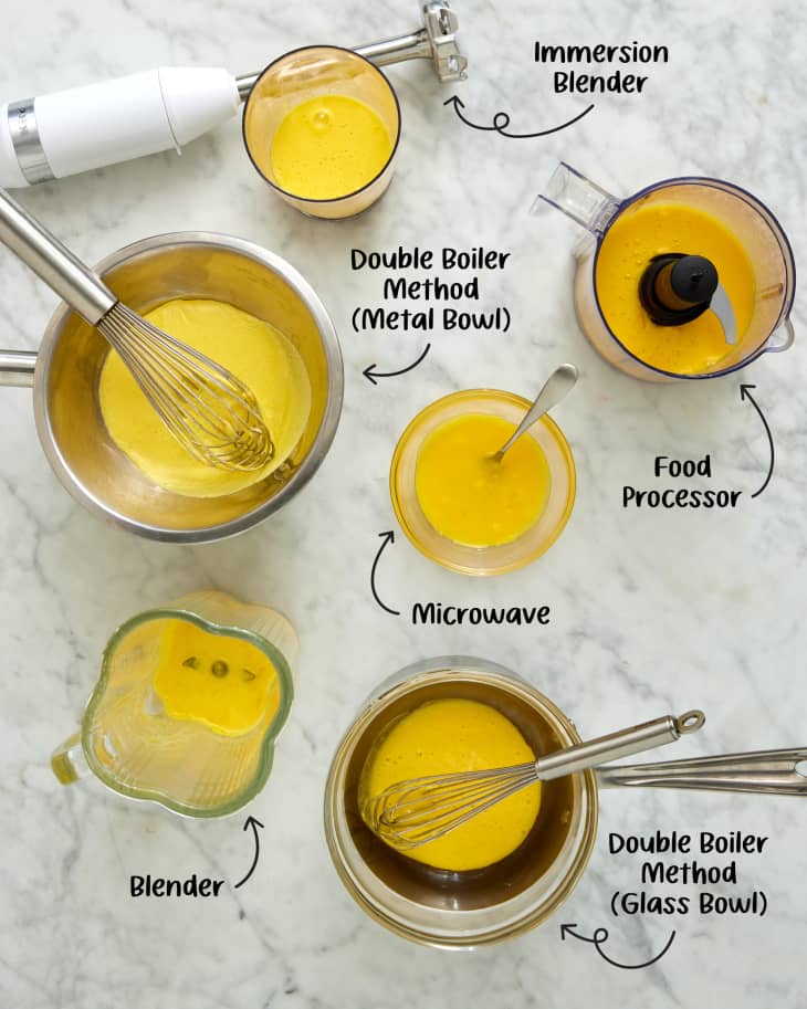 various methods of making hollandaise sauce lined up and labeled on surface