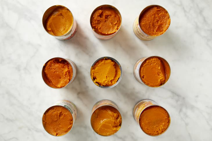 overhead photo of opened cans of pumpkin puree