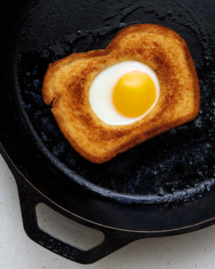 Egg-in-a-hole variations in a cast iron skillet.