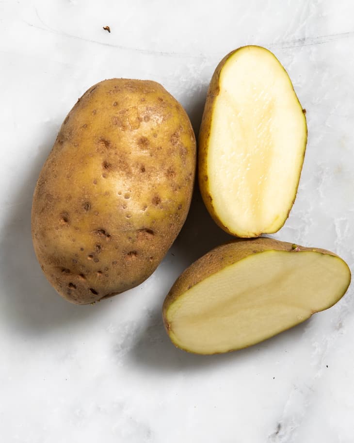 Overhead view of a cut open russet potato.