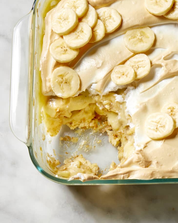 A close up view of Dolly Parton's recipe for banana pudding with a scoop taken out