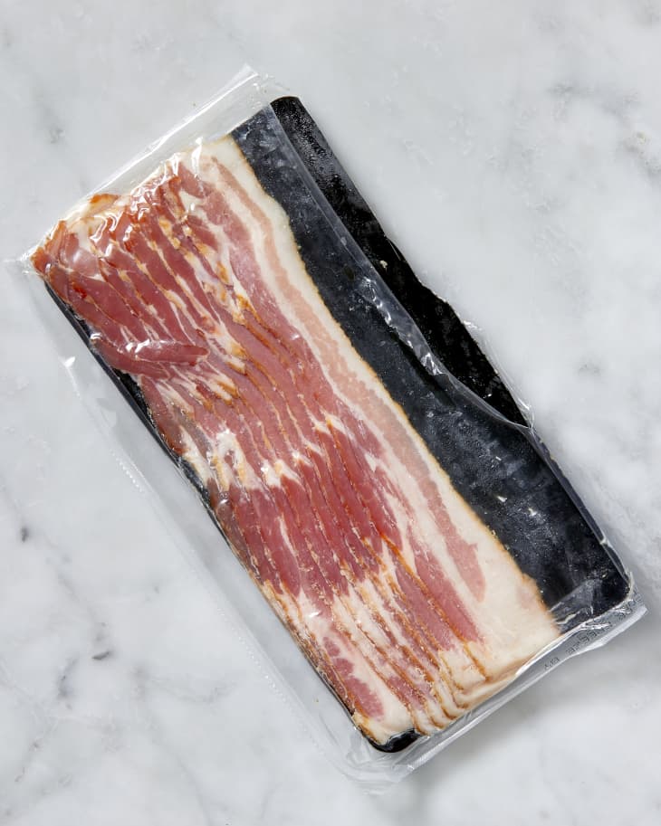 Overhead shot of bacon in its original wrapping.