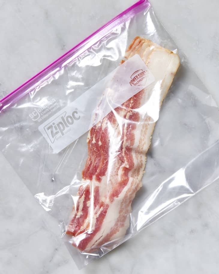 Overhead shot of bacon in a ziplock.