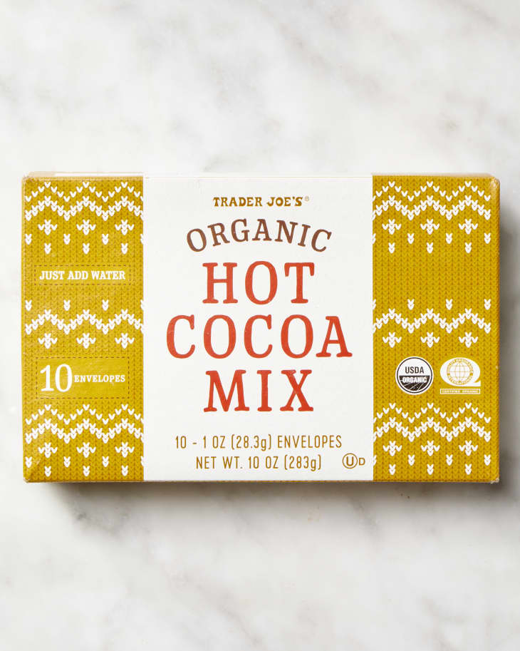 Overhead shot of trader joes brand organic hot cocoa mix.