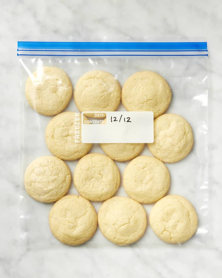 Overhead shot of sugar cookies in a gallon sized ziplock bag.