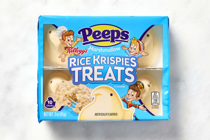 shot of rice krispies treats peeps in the package.