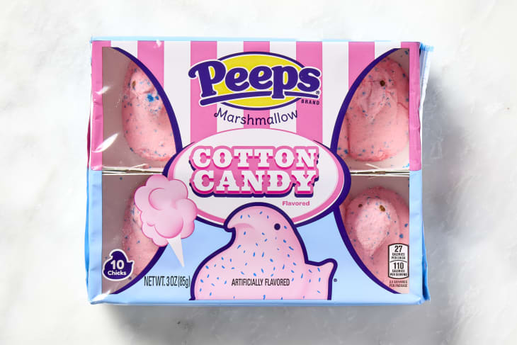 shot of cotton candy peeps in the package.