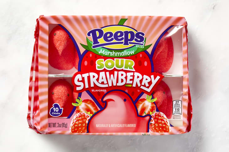 shot of sour strawberry peeps in the package.