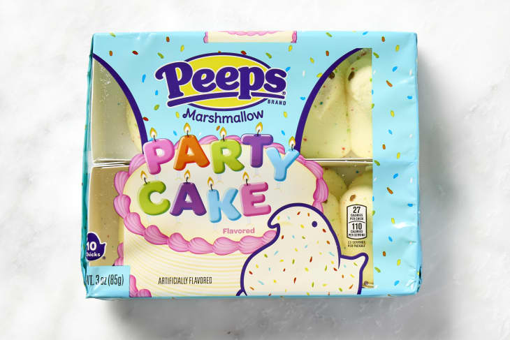shot of party cake flavored peeps in the package.