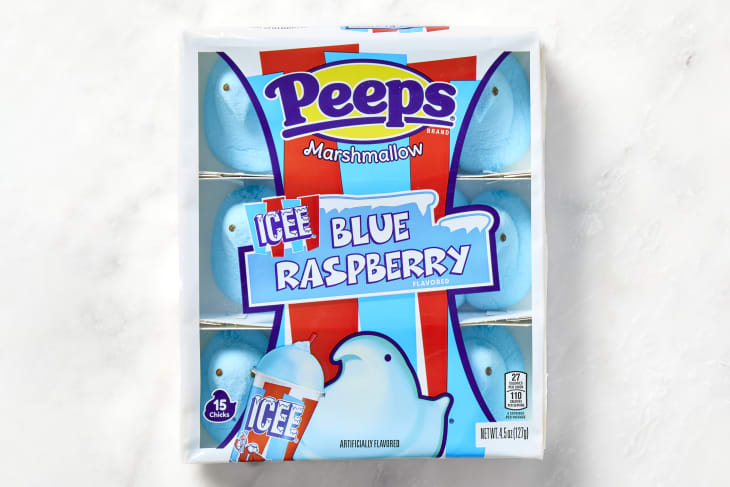 shot of blue raspberry icee peeps in the package.