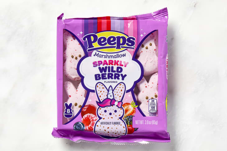 shot of sparkly wild berry peeps in the package.