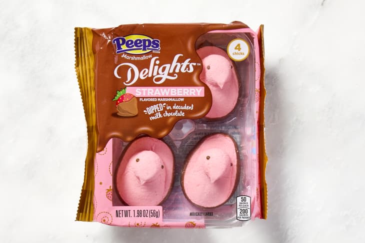 shot of strawberry flavored and chocolate dipped peeps in the package.