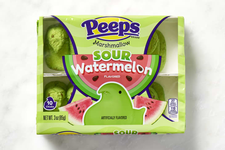 shot of sour watermelon peeps in the package.