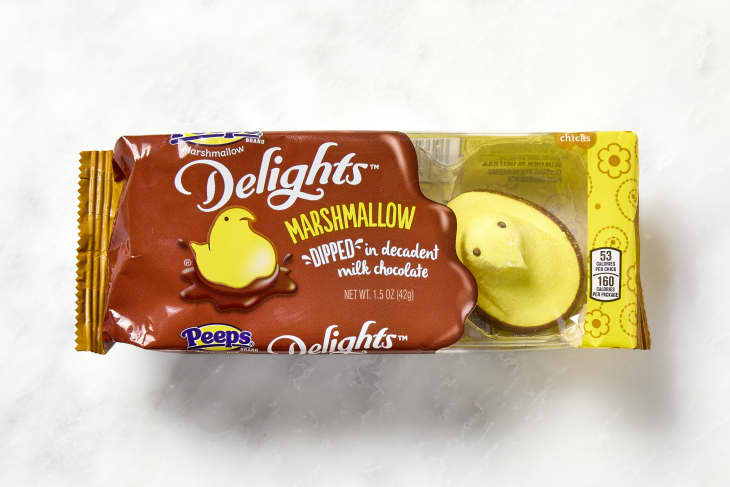shot of chocolate dipped peeps in the package.