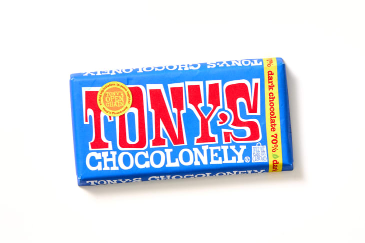 overhead shot of a bar of Tony's Chocolonely dark chocolate.