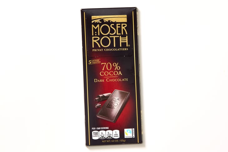 overhead shot of a bar of Moser Roth dark chocolate.