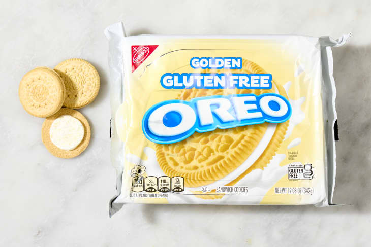 overhead shot of the gluten free golden oreos with a few cookies laying down next to the box