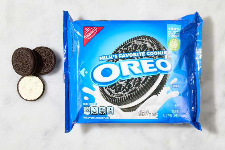 overhead shot of the original oreos, with a few to the left of the box