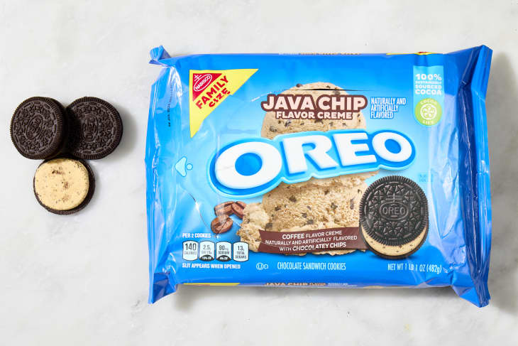 overhead shot of the java chip flavored oreos with a few cookies laying down next to the box