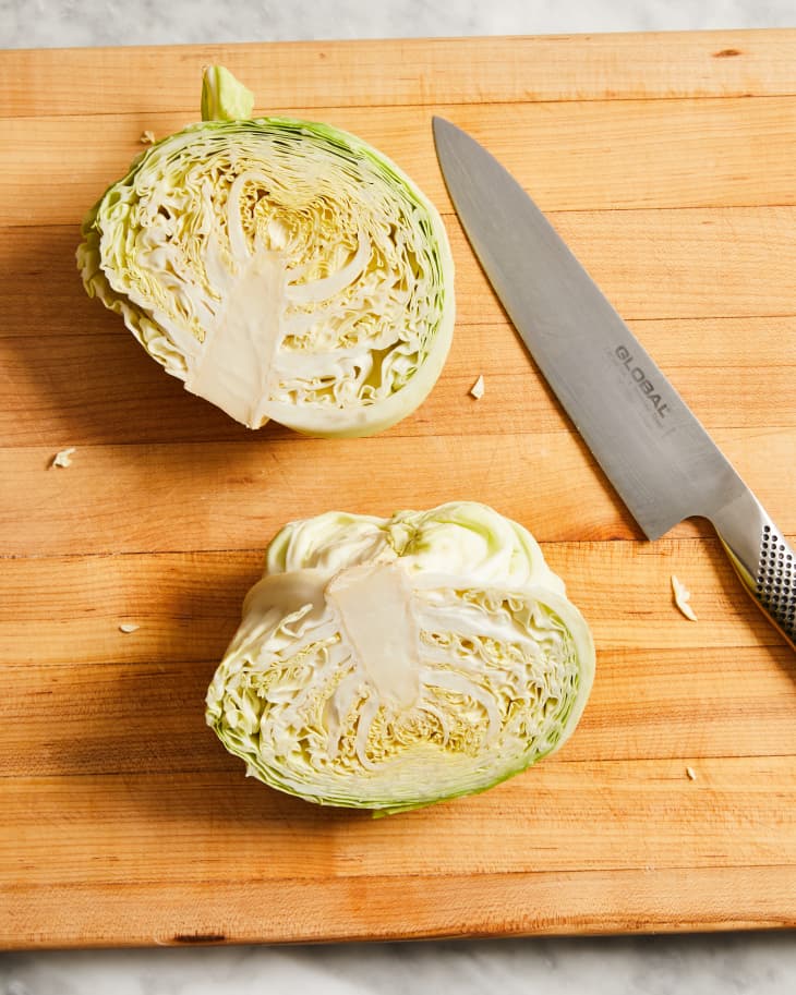 Cabbage cut in half.