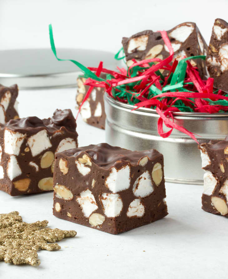 Hash bars, cut in squares, is filled with bittersweet chocolate, roasted almonds, and marshmallows