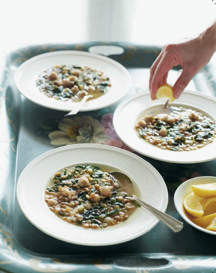 Lemony Lentil & Swiss Chard Soup with Bulgur Wheat Bites  (Kibbet Raheb)