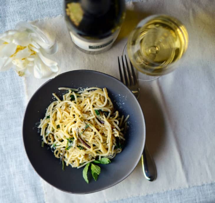Spaghetti Pan-Fried with Ramps & Mint