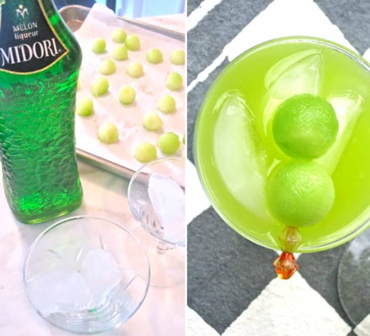 On the left, a bottle of Midori melon liqueur and melon balls on the left, while a glass of melon ball cocktail garnished with ball-shaped melon