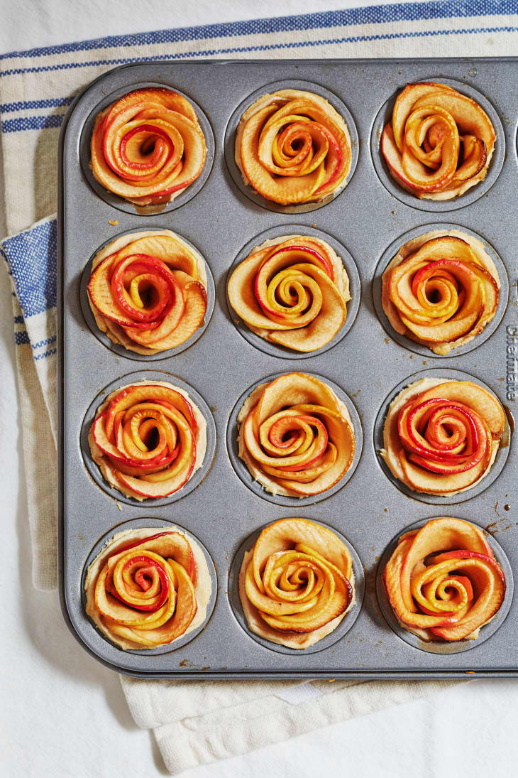 Mini apple rose pies in a muffin tin