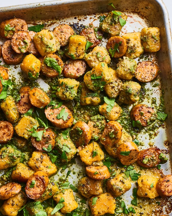 Sweet potato gnocchi roasted on a sheet pan with chicken sausage