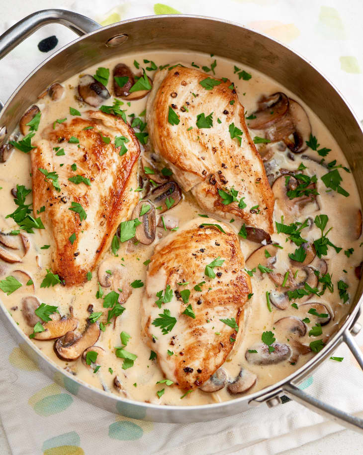 Chicken breasts and mushrooms in creamy parmesan garlic sauce in a saucepan