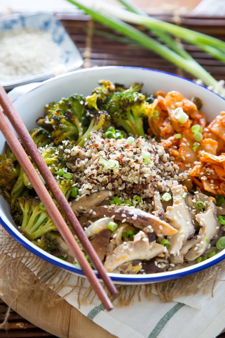 Quinoa Kimchi Bowl with Miso Mushrooms and Crispy Broccoli 