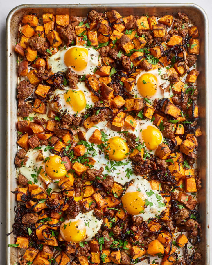 Sweet Potato Hash with Caramelized Onions, Sausage & Eggs