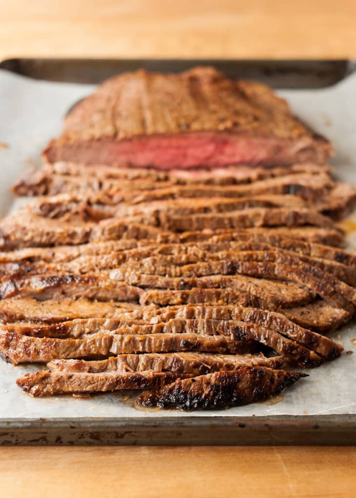 Flank steak on a pan cooked from the oven