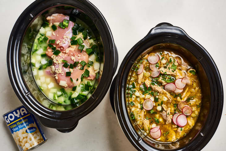 On the left, a slow cooker fills raw chicken thighs with diced onions, poblano pepper, and chicken broth, while on the right is another slow cooker fills with cooked chicken posole