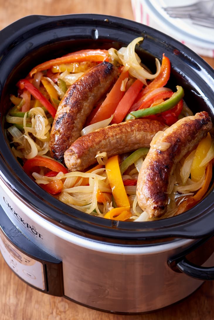 Slow Cooker Sausages with Peppers and Onions
