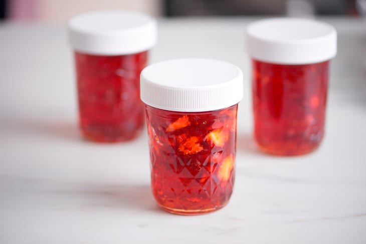 Strawberry jam in small containers