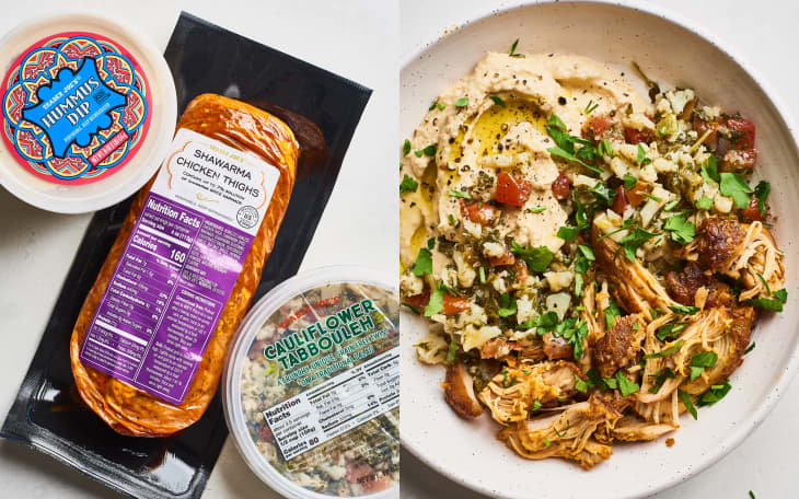 The right photo shows hummus bowl topped with Trader Joe's shawarma chicken and cauliflower tabbouleh, while the left photo shows recipe ingredients: hummus dip, shawarma chicken thighs, and cauliflower tabbouleh from Trader Joe's