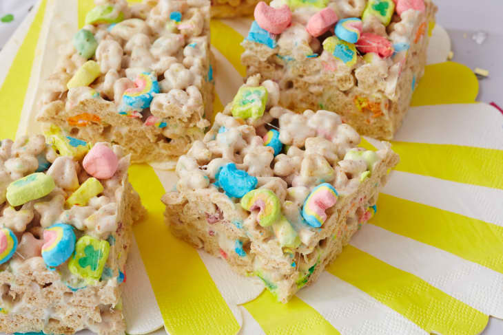 Squares of Lucky Charms marshmallow treats