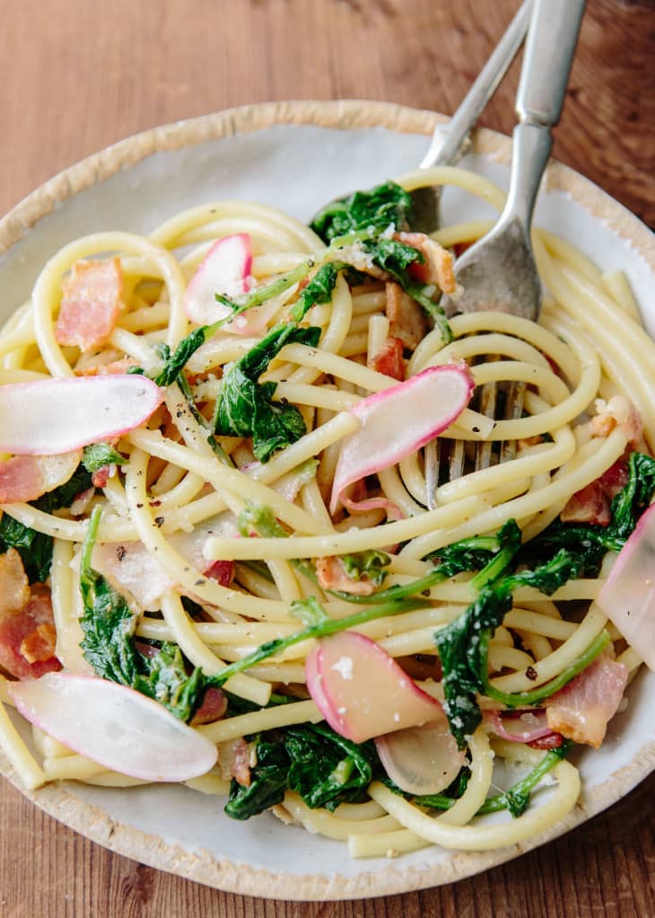 Rozanne Gold's Perciatelli with French Breakfast Radishes, Bacon & Greens