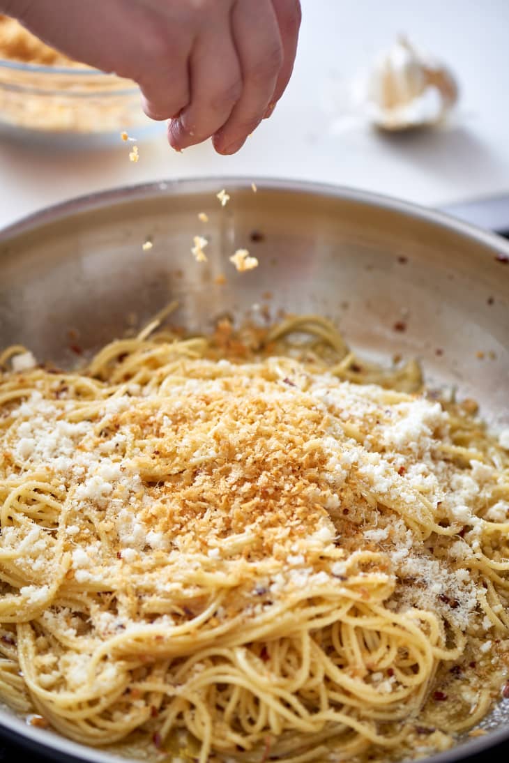 Brown butter pasta topped with Parmesan cheese and Panko breadcrumbs
