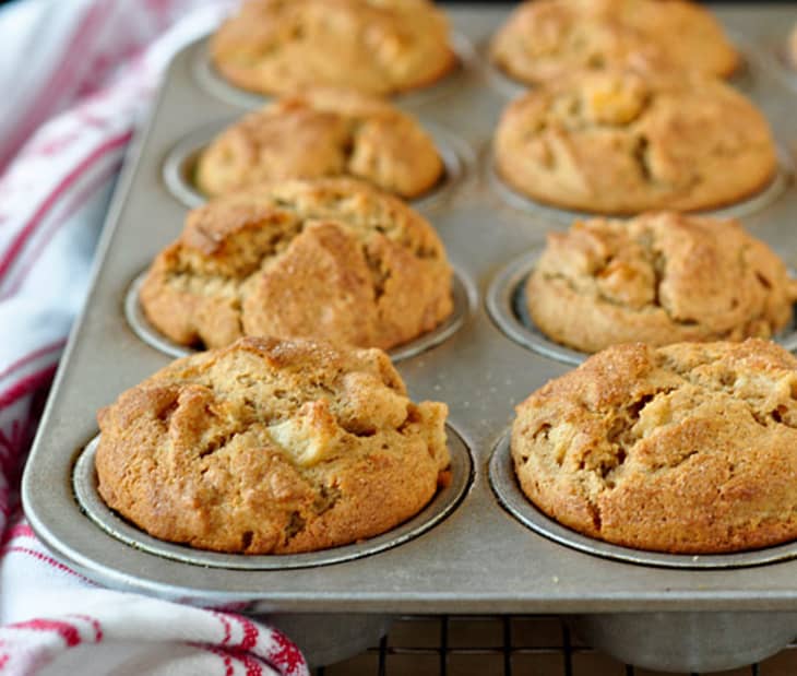 Spiced pear muffins baked in a muffin tray